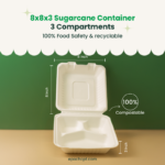 8x8x3 Sugarcane Takeout Containers – 3 Compartment - Image 3