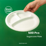 9 inches | Sugarcane 3-Compartment Bagasse Round Plate | Compostable Disposable Plates | 500 pcs
