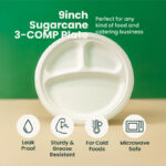 9 inches | Sugarcane 3-Compartment Bagasse Round Plate | Compostable Disposable Plates | 500 pcs - Image 4